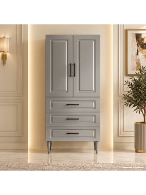 Yurkan Menton Çok Amaçlı Dolap 60 cm 2 Kapak 3 Çekmece Parlak Metalik Gri - Çok Amaçlı Raflı Dolap