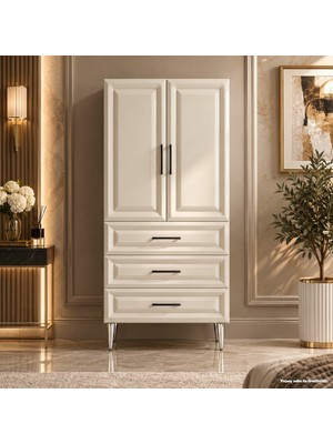Yurkan Antibes Çok Amaçlı Dolap 60 cm 2 Kapak 3 Çekmece Parlak Krem - Çok Amaçlı Erzak Dolabı
