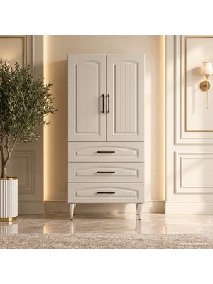 Yurkan Gordes Çok Amaçlı Dolap 60 cm 2 Kapak 3 Çekmece Soft Ipek Gri - Çok Amaçlı Banyo Dolabı