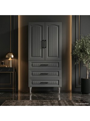Yurkan Arles Çok Amaçlı Dolap 60 cm 2 Kapak 3 Çekmece Soft Antrasit - Çok Amaçlı Mutfak Dolabı