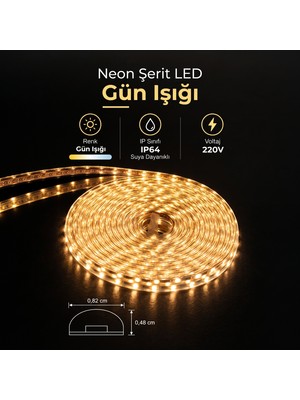 Ema Dükkan 220V Fişli Dış Mekan Şerit LED Gün Işığı 3200K IP64 Su Geçirmez - Metrede 120 LED Bahçe, Balkon ve Tavan Hortum LED