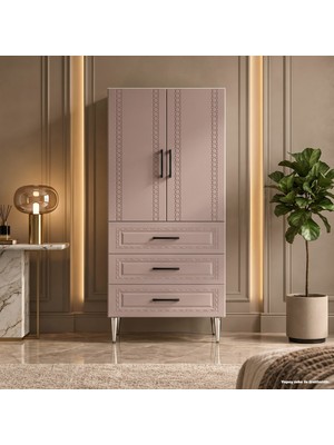 Yurkan Murano Çok Amaçlı Dolap 60 cm 2 Kapak 3 Çekmece Soft Pudra - Çok Amaçlı Kiler Dolabı