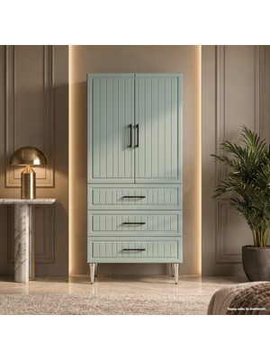 Yurkan Kensington Çok Amaçlı Dolap 60 cm 2 Kapak 3 Çekmece Soft Retro Yeşil - Çok Amaçlı Erzak Dolabı