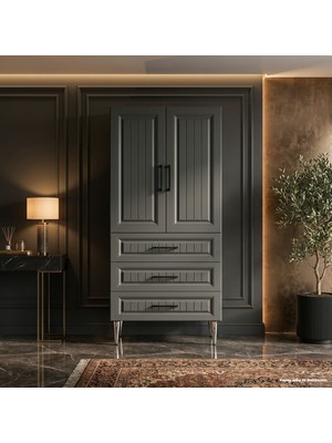Yurkan Zürich Çok Amaçlı Dolap 60 cm 2 Kapak 3 Çekmece Lake Koyu Gri Ral 7043 - Çok Amaçlı Mutfak Dolabı