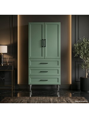 Yurkan Porto Cervo Çok Amaçlı Dolap 60 cm 2 Kapak 3 Çekmece Soft Orman Yeşili - Çok Amaçlı Mutfak Dolabı