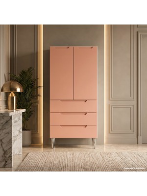 Yurkan Positano Çok Amaçlı Dolap 60 cm 2 Kapak 3 Çekmece Soft Somon - Çok Amaçlı Kiler Dolabı