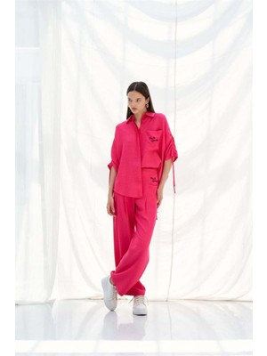 Naar Kadın Oversize Modal Kumaş Klasik Yaka Büzgülü Kol Nakışlı Gömlek