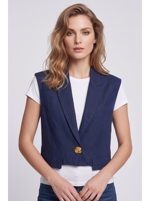 Bsb Kadın Çentikli Yaka Kolsuz Kısa Kesim Blazer Yelek Dokulu Kumaş
