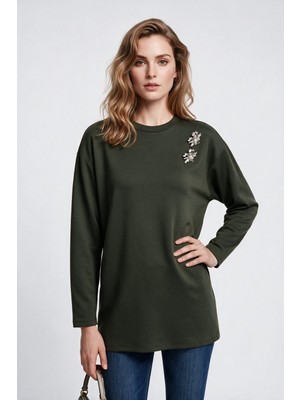 Scl Kadın Bisiklet Yaka Düşük Kol Pamuklu Örme Taş Detaylı Regular Kalıp Sweatshirt 10002522311004