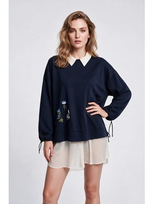 Scl Kadın Nakış İşlemeli Gömlek Yaka Detaylı Rahat Kesim Sweatshirt Etek Takım 10002612711005