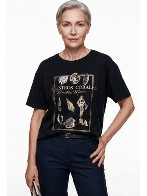 Sempre Kadın Bisiklet Yaka Kısa Kollu Pamuklu Deniz Temalı Baskılı T-Shirt 25Y6001