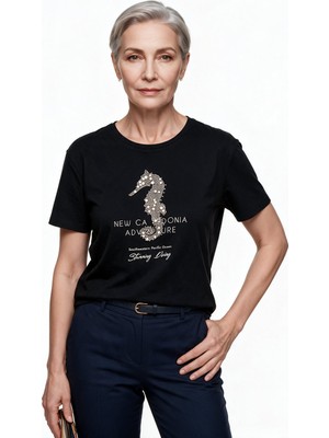 Sempre Kadın Bisiklet Yaka Kısa Kol İnci ve Taş İşlemeli Pamuk Karışımlı T-Shirt 25Y6013