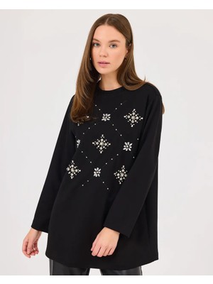 Scl Kadın Yuvarlak Yaka Taşlı  Sweatshirt 10002422311004