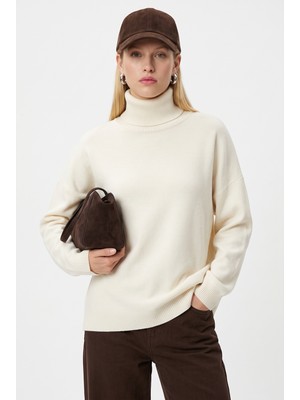Ritnice Kadın New Teressa Krem Balıkçı Yaka Oversize Triko Kazak