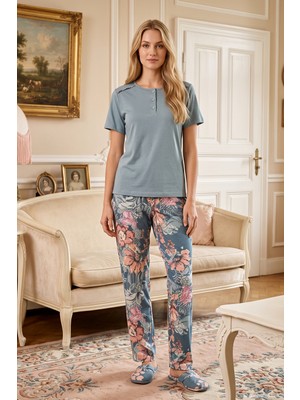 Remsa Kadın Kısa Kol Çiçek Desen Viskon Pijama Takımı 3347 Mavi