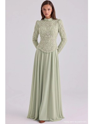 Olcay Boncuk ve Taş Desenli Şifon Kombinli Exclusive Tesettür Abiye Elbise Mint 1120-Y