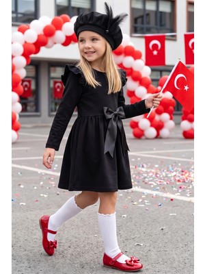 Parla Kids Kız Çocuk Siyah Sofia Pamuklu Fiyonk Detaylı Yılbaşı Elbise Kep Takım 29 Ekim Gösteri Kıyafeti