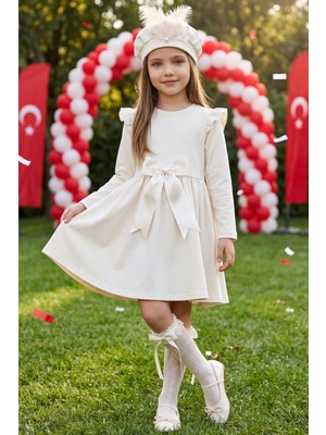 Parla Kids Kız Çocuk Krem Sofia Pamuklu Fiyonk Detaylı Yılbaşı Elbise Kep Takım 29 Ekim Gösteri Kıyafeti