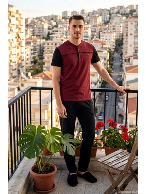 Remsa Erkek Önü Üç Düğmeli Kısa Kol Pijama Takımı 2353 BORDO01