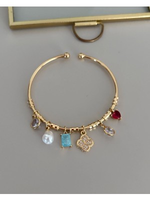 Laris Accessories Gold Yonca Mavi Taş Charmlı Ithal Seri Bileklik