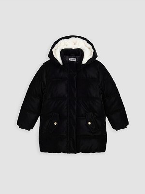 Lcw Kids Siyah Kapüşonu Kürklü Kadife Kız Çocuk Mont