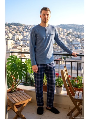 Remsa Erkek Ekose Desen Suprem Pijama Takımı 2318 Mavi