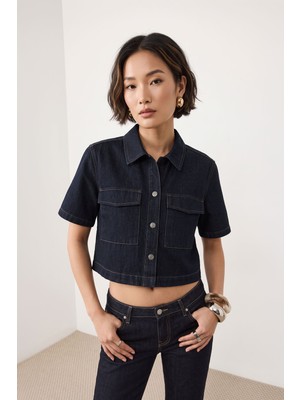 Kadın Regular Fit Cepli Lacivert Crop Jean Gömlek