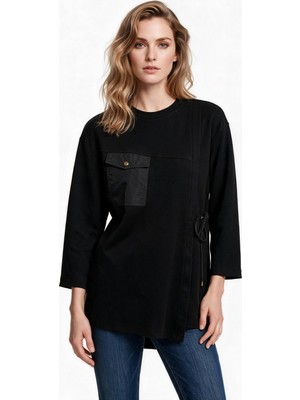 Scl Kadın Bisiklet Yaka Cepli Asimetrik Tasarım Uzun Kollu Sweatshirt