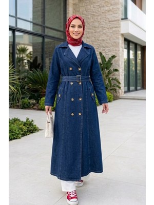 Harma Time Butik Kadın Kemerli Düğmeli Cepli Koyu Mavi Trençkot