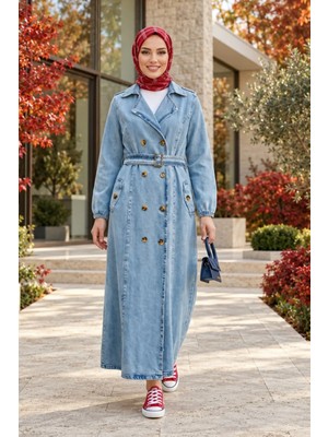 Harma Time Butik Kadın Kemerli Düğmeli Cepli Açık Mavi Trençkot