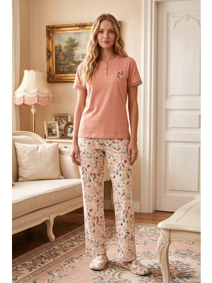 Remsa Kadın Kısa Kol Çiçek Desen Modal Pijama Takımı 3342 Turuncu