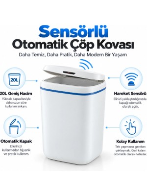 Genel Tedarik 20 Litre Sensörlü Temassız  Otomatik Çöp Kovası Beyaz
