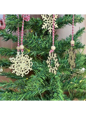 Store Pilli Peri Ledli 6 Parça Kırmızı Beyaz Ipli Kar Tanesi Model Ahşap Yılbaşı Ağaç Süsü