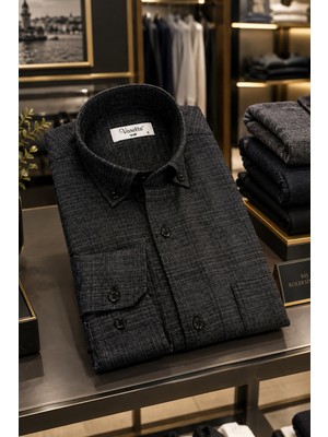 Varetta Erkek Kışlık Siyah Gömlek Yaka Düğmeli Tek Açık Cepli Klasik Kesim Casual