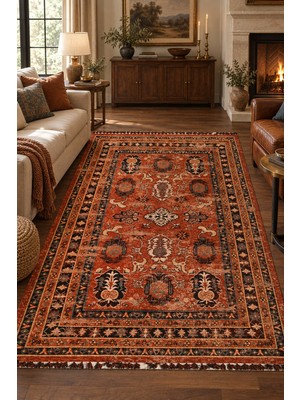 Sihirli Halı Mihrimah Nostaljik Kiremit Salon Oturma Odası Robot Süpürge Uyumlu Saçaklı Kilim Hali