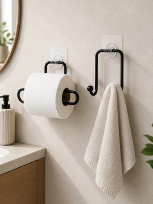 Store Vidasız Banyo Seti Yapışkanlı Tuvalet Kağıdı Tutucu ve Havlu Askısı 2’li Set