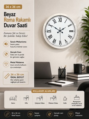 36 cm Beyaz Metal Roma Rakamlı Duvar Saati