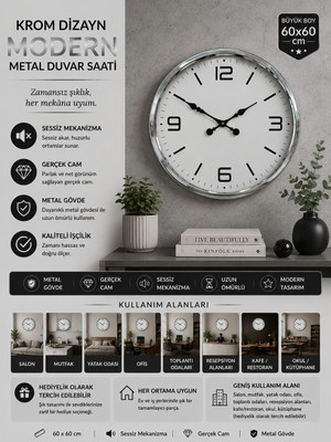 60 cm Krom Metal Dizayn Duvar Saati