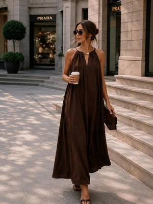 Mila Butik Kahverengi Halter Yaka Zara Elbise, Kahverengi / Std