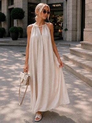 Mila Butik Kırık Beyaz Halter Yaka Zara Elbise, Std / Beyaz
