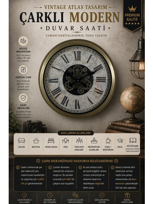 Vintage Atlas Tasarım 60 cm Çarklı Duvar Saati