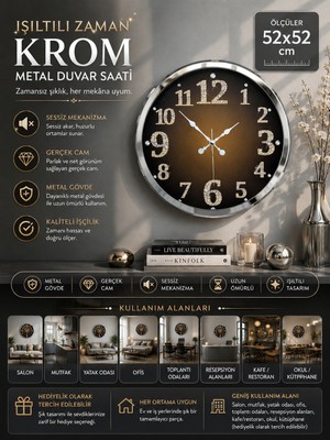 Krom Işıltılı Zaman 52 cm Metal Duvar Saati