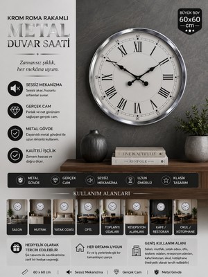 60 cm Krom Metal Roma Rakamlı Duvar Saati