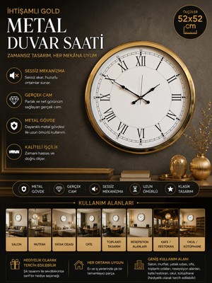 Ihtişamlı Gold 52 cm Metal Roma Rakamlı Lüks Duvar Saati