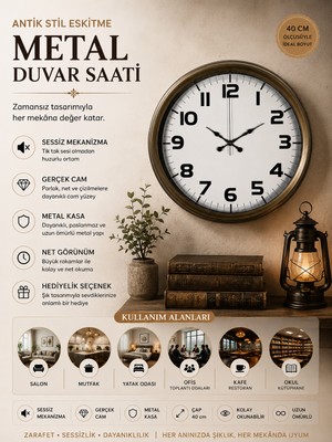 Antik Stil Eskitme 40 cm Metal Duvar Saati