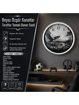 Beyaz Özgür Kanatlar Taraftar Temalı 40 x 40 cm Metal Duvar Saati