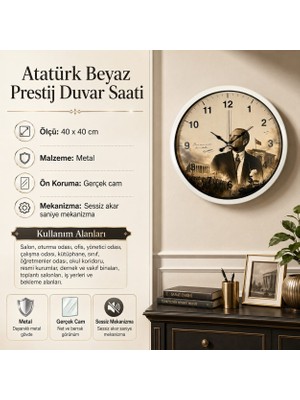 Atatürk Beyaz Prestij 40 x 40 cm Metal Duvar Saati
