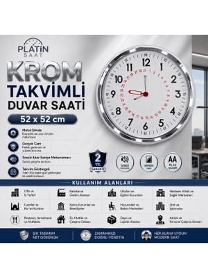 Krom Takvimli 52 x 52 cm Metal Duvar Saati