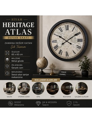 Siyah Heritage Atlas 60 x 60 cm Metal Duvar Saati