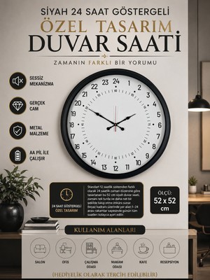 Siyah 24 Saat Göstergeli Özel Tasarım Duvar Saati